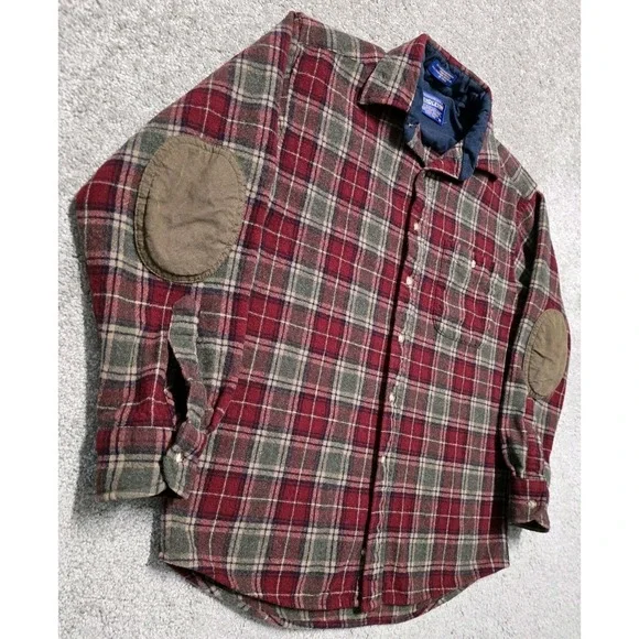 Pendleton Red Green Brown Plaid Virgin Wool Flannel Shirt Elbow Patch Mens M - Picture 9 of 16